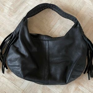 Gianni Bini Black Leather Slouchy Purse with Fringe Details